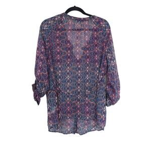 A Pea in the Pod Semisheer Blouse Large Geometric Print Roll Tab Sleeves Pink